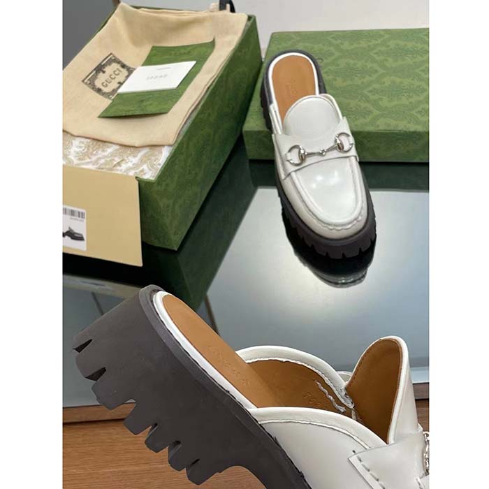 G*u*i women gg mule horsebit white leather rubber lug sole flat