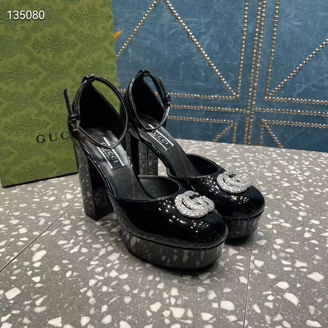 G*u*i women gg platform pump double g black patent leather crystals high heel