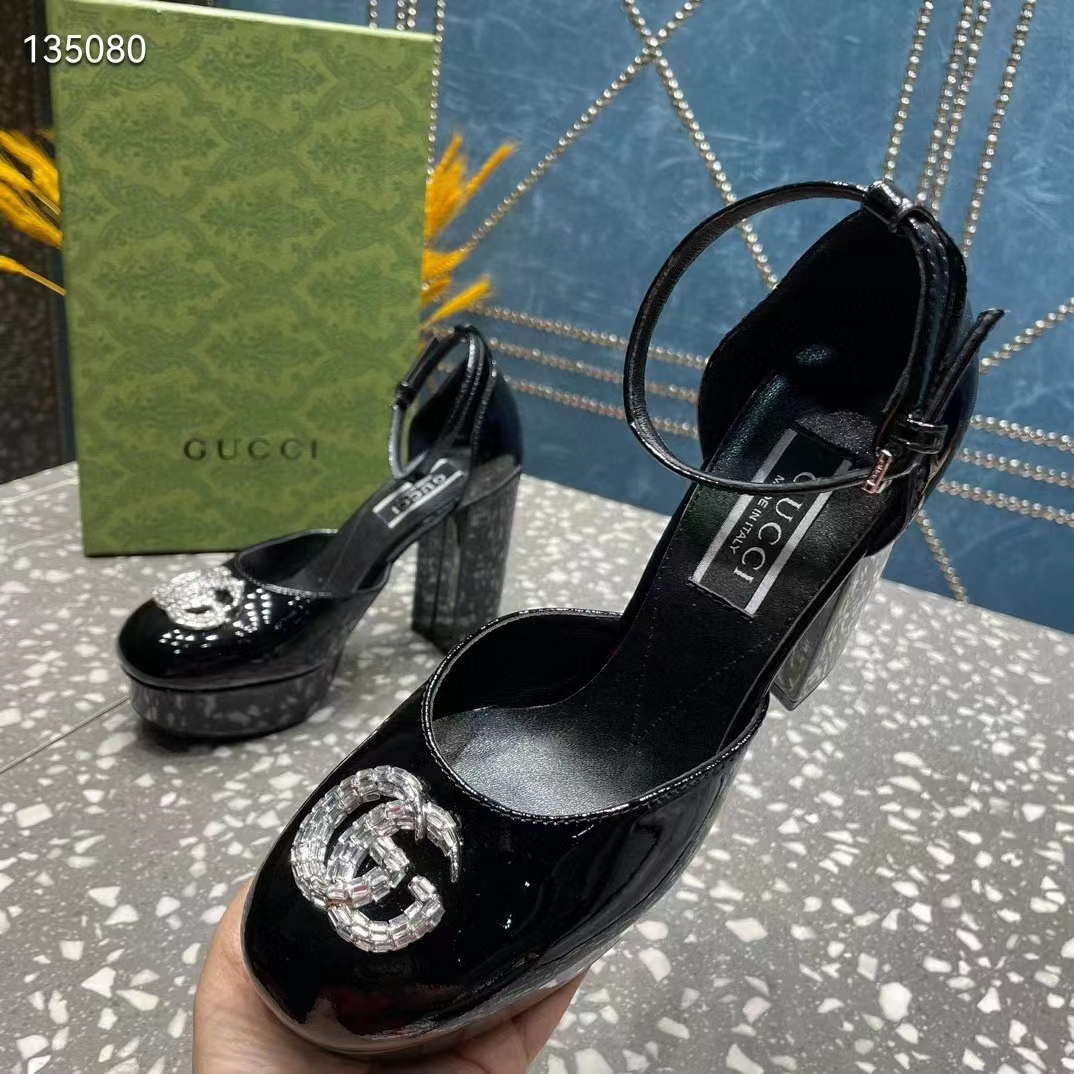 G*u*i women gg platform pump double g black patent leather crystals high heel