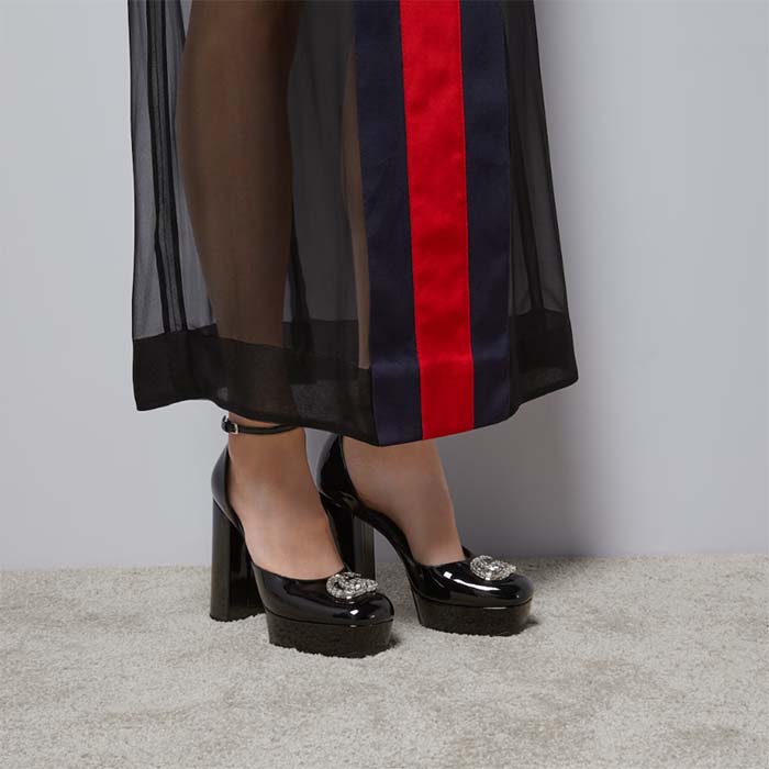 G*u*i women gg platform pump double g black patent leather crystals high heel