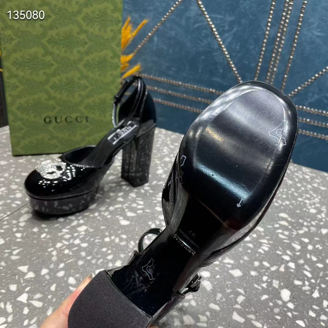 G*u*i women gg platform pump double g black patent leather crystals high heel