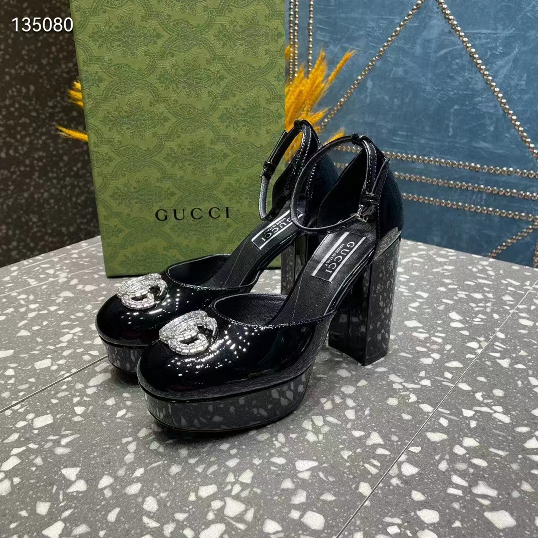 G*u*i women gg platform pump double g black patent leather crystals high heel