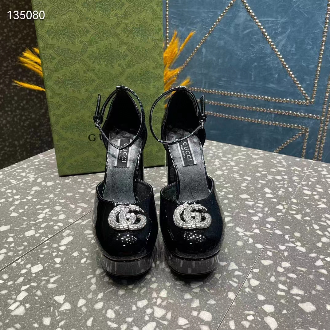 G*u*i women gg platform pump double g black patent leather crystals high heel
