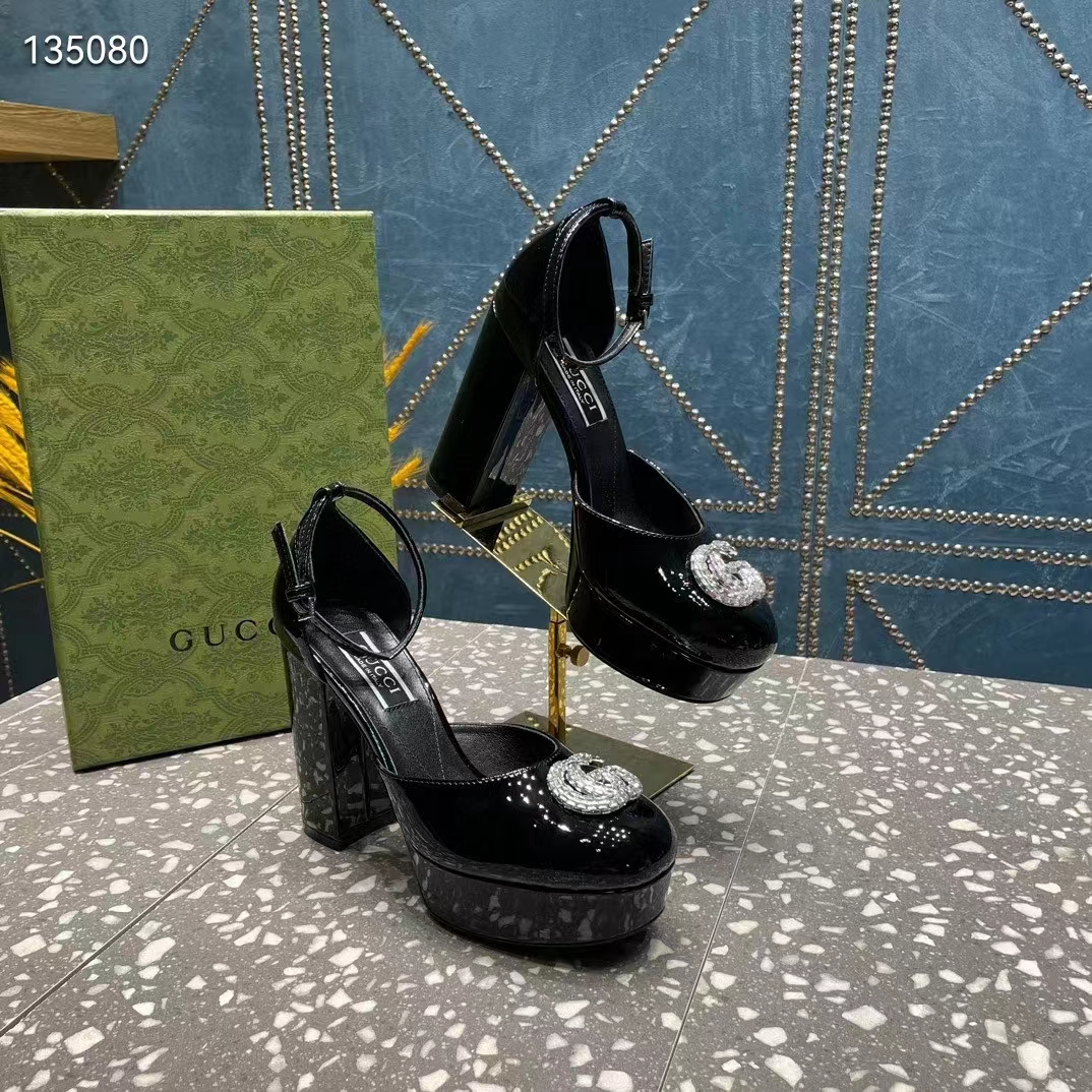 G*u*i women gg platform pump double g black patent leather crystals high heel