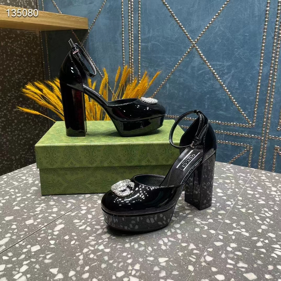 G*u*i women gg platform pump double g black patent leather crystals high heel
