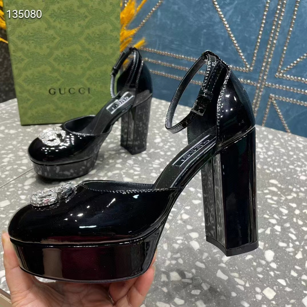 G*u*i women gg platform pump double g black patent leather crystals high heel