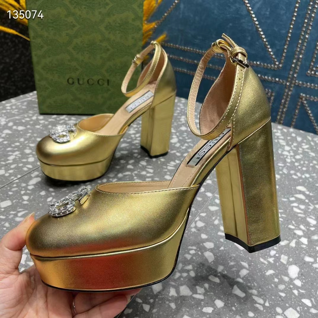 G*u*i women gg platform pump double g metallic gold patent leather crystals high heel