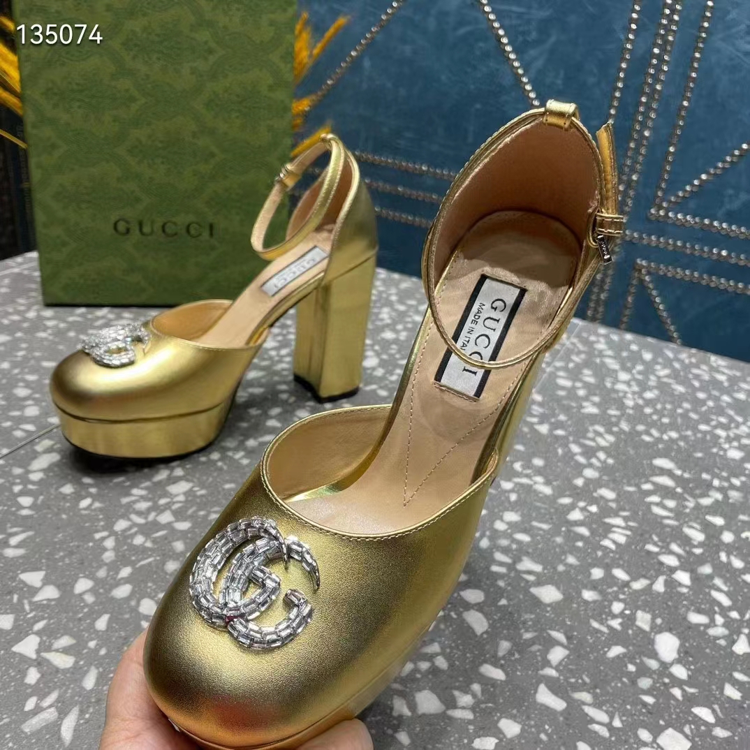 G*u*i women gg platform pump double g metallic gold patent leather crystals high heel