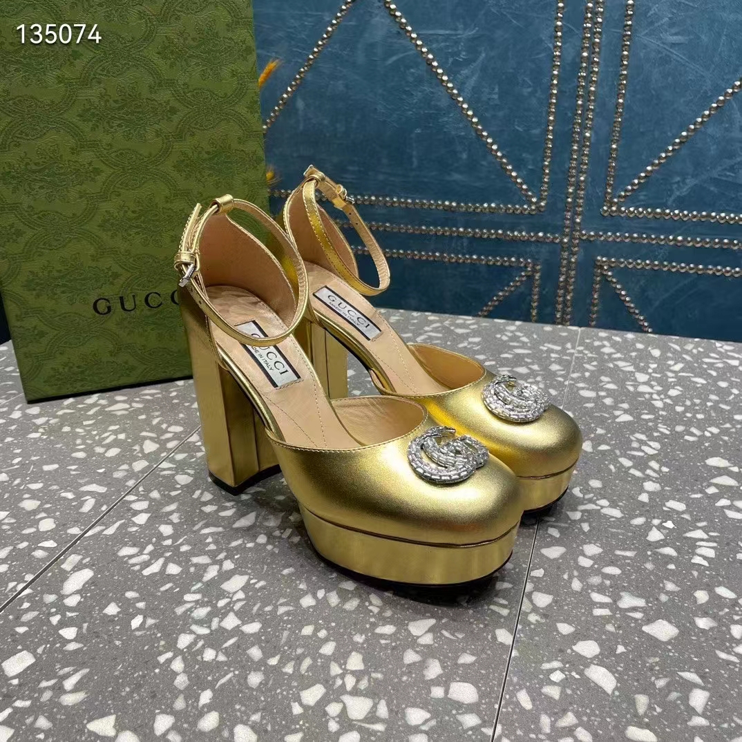 G*u*i women gg platform pump double g metallic gold patent leather crystals high heel
