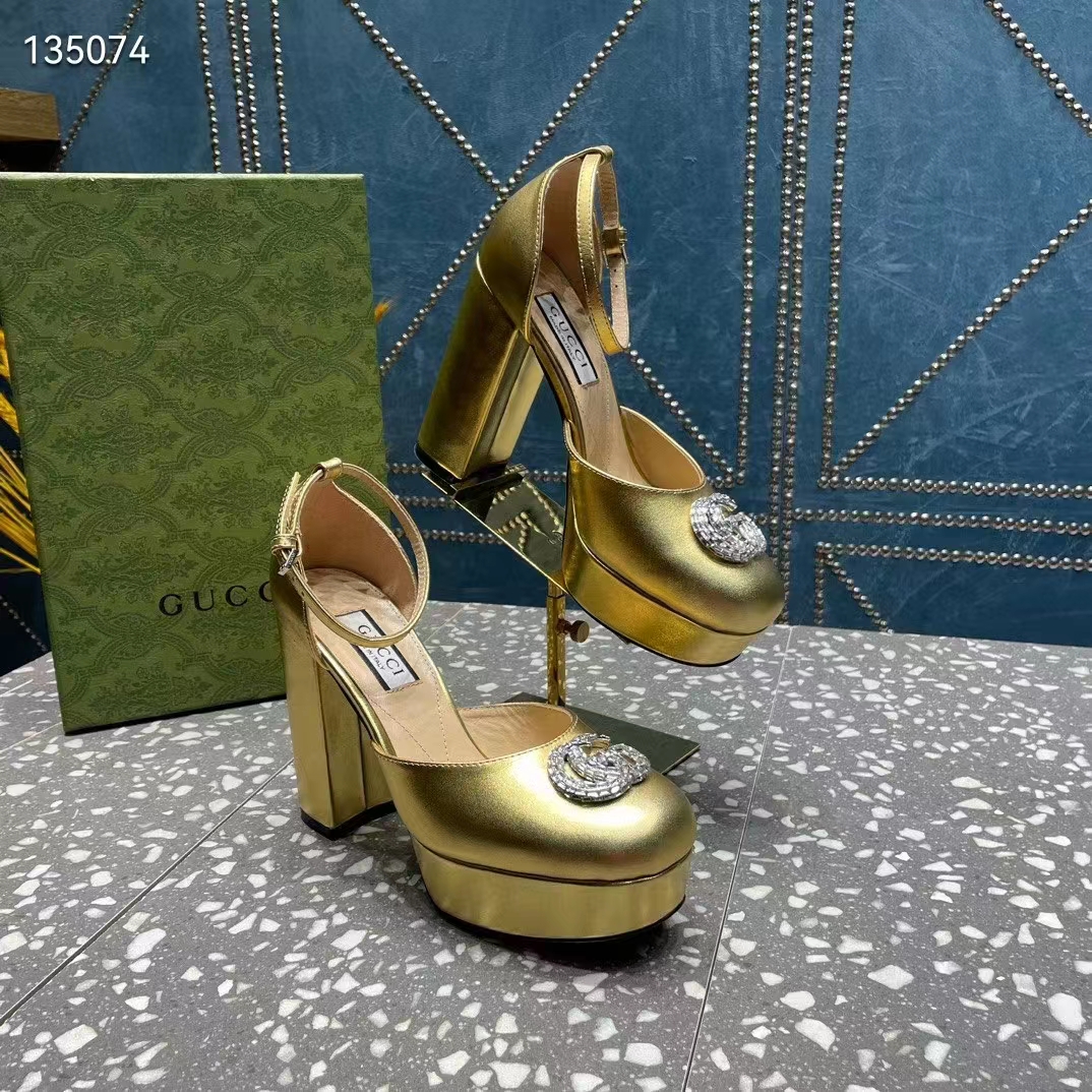 G*u*i women gg platform pump double g metallic gold patent leather crystals high heel