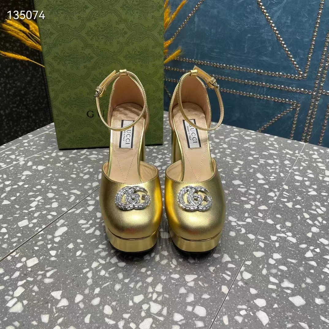 G*u*i women gg platform pump double g metallic gold patent leather crystals high heel