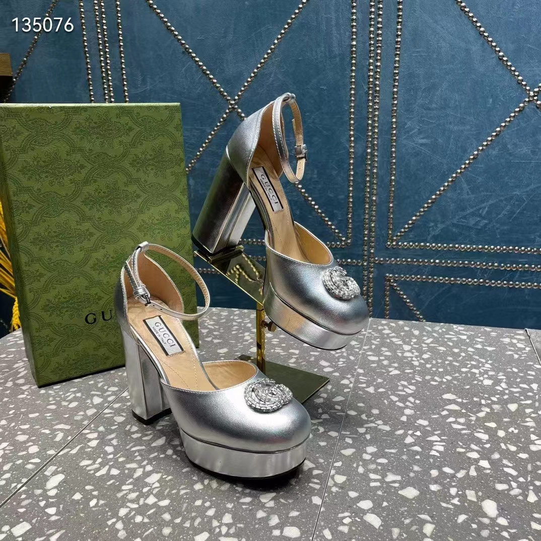 G*u*i women gg platform pump double g metallic silver patent leather crystals high heel