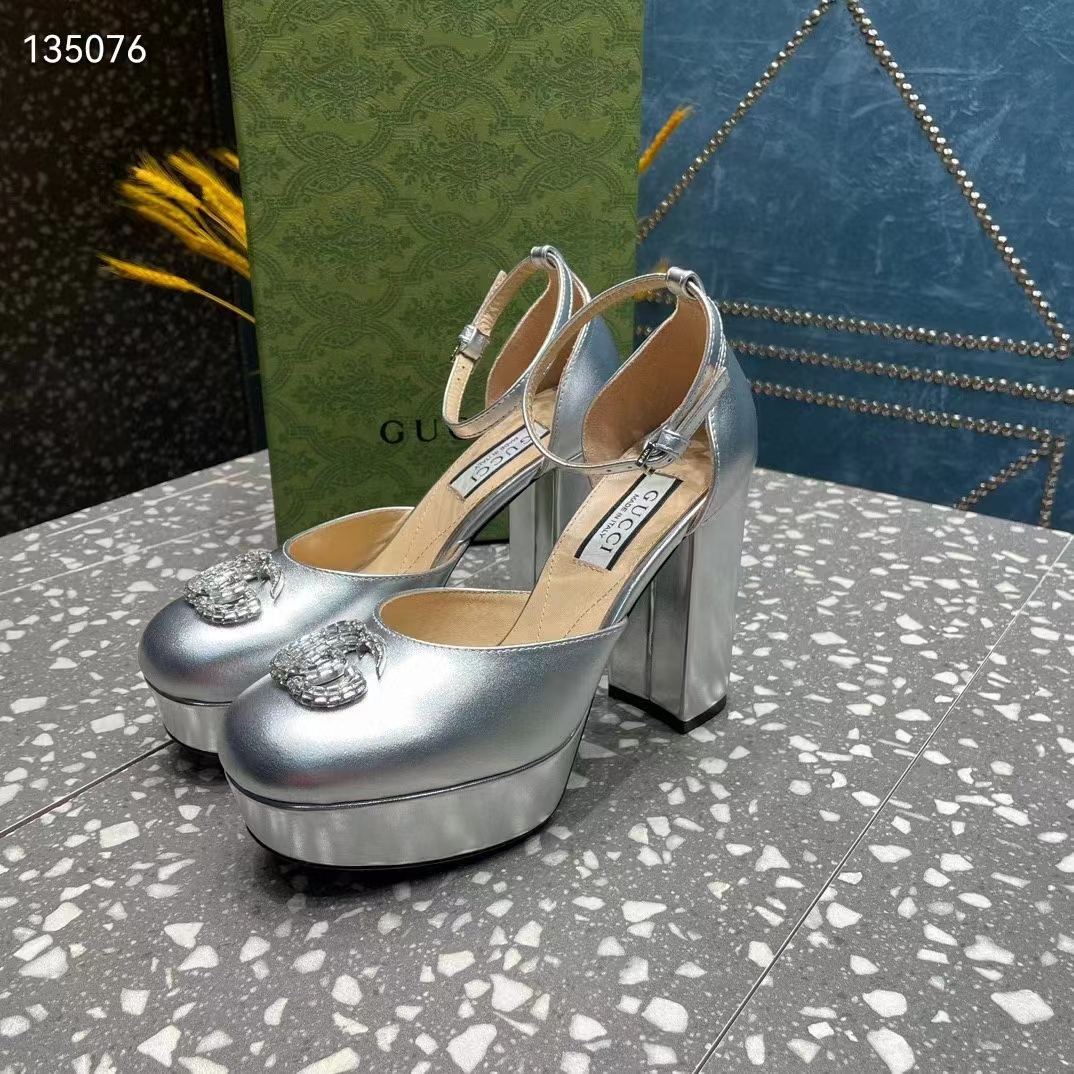 G*u*i women gg platform pump double g metallic silver patent leather crystals high heel