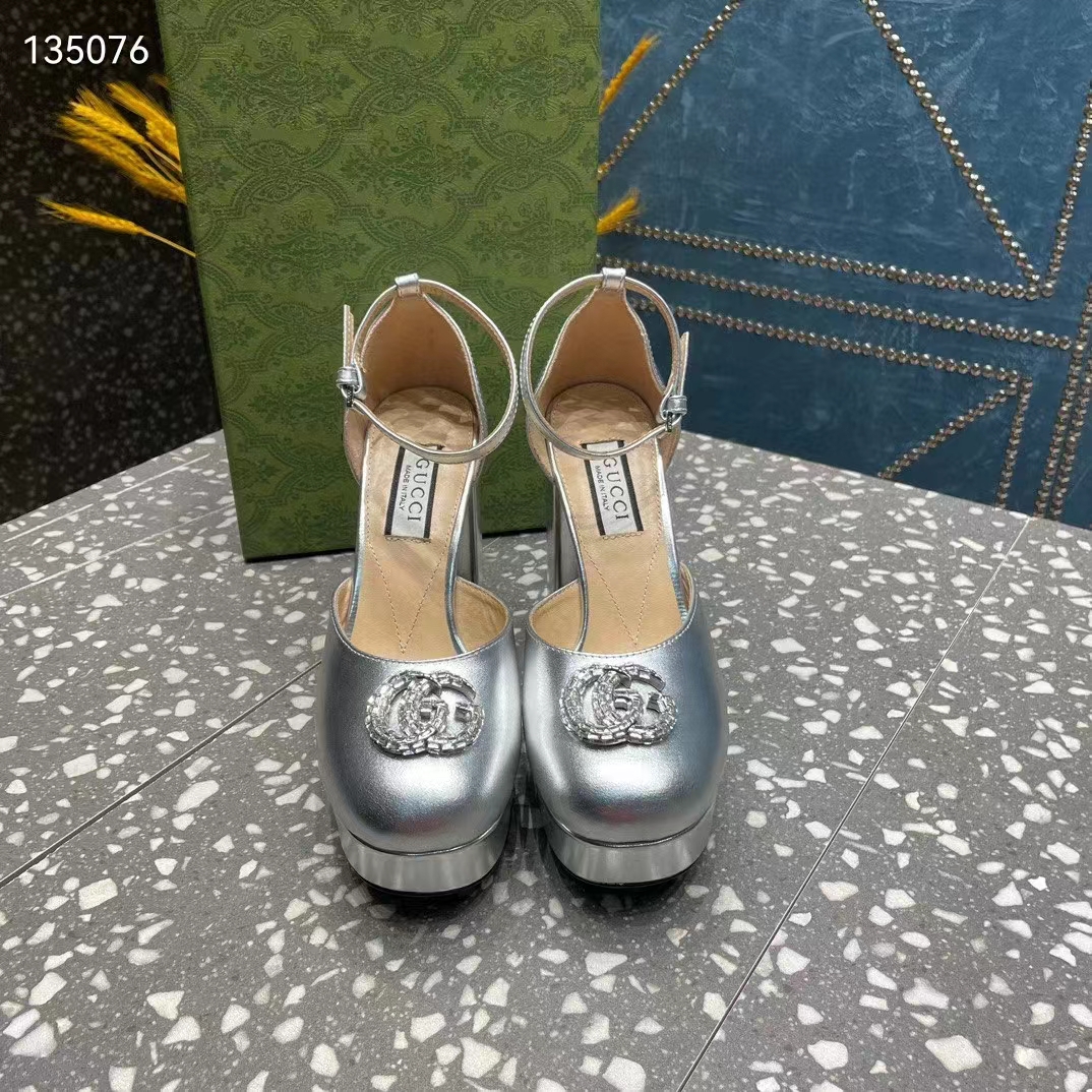G*u*i women gg platform pump double g metallic silver patent leather crystals high heel