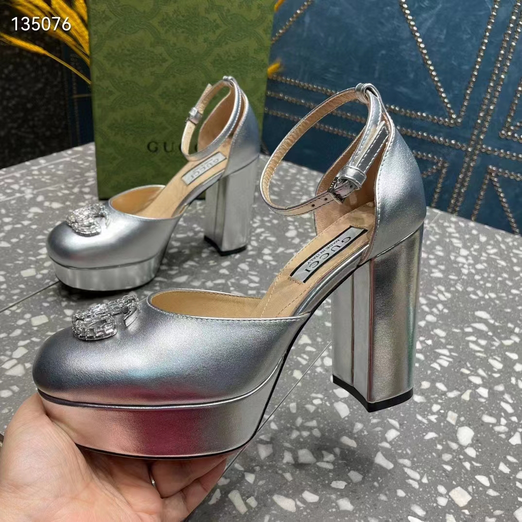 G*u*i women gg platform pump double g metallic silver patent leather crystals high heel