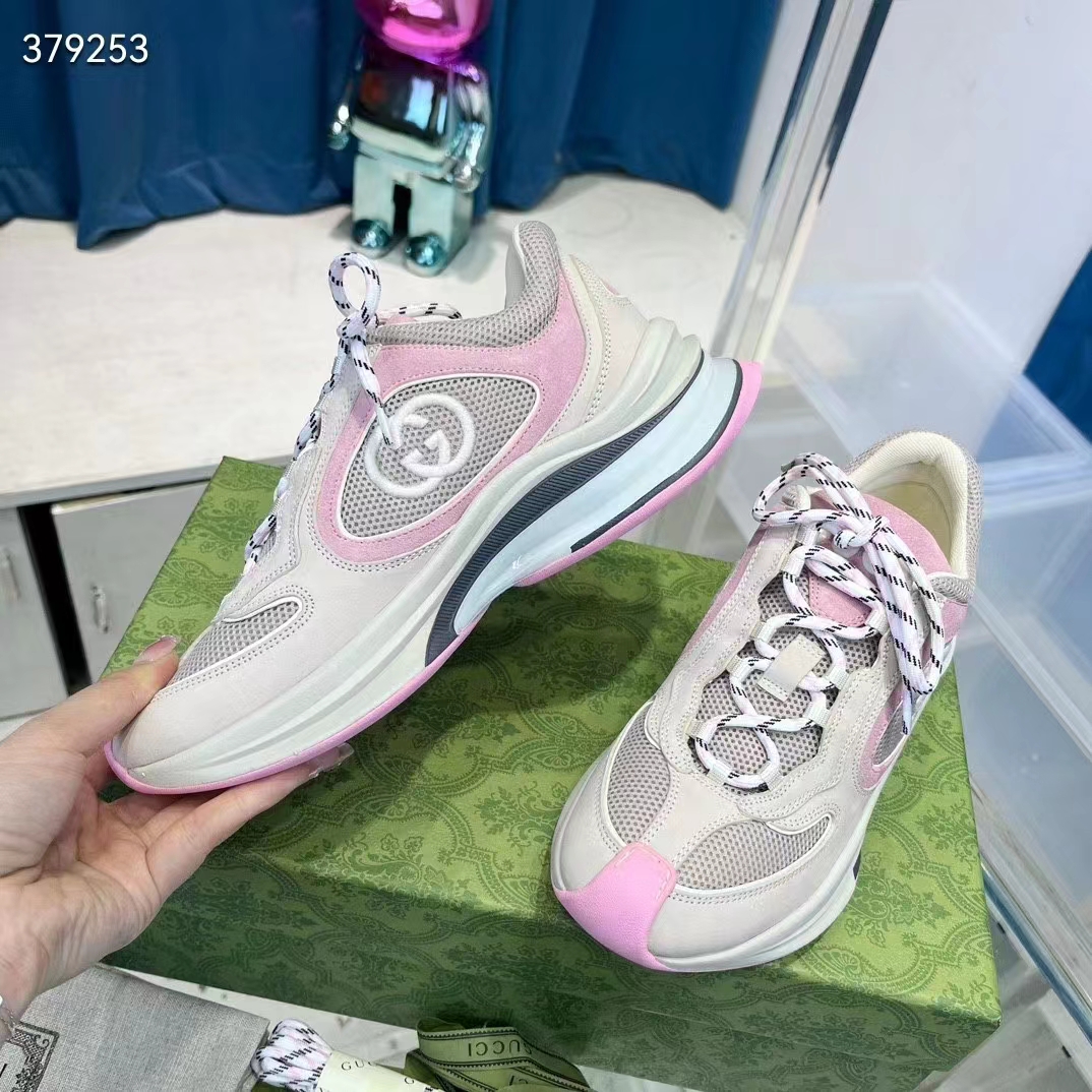 G*u*i women gg run sneaker ivory pink suede interlocking g bi-color rubber lace-up low-heel