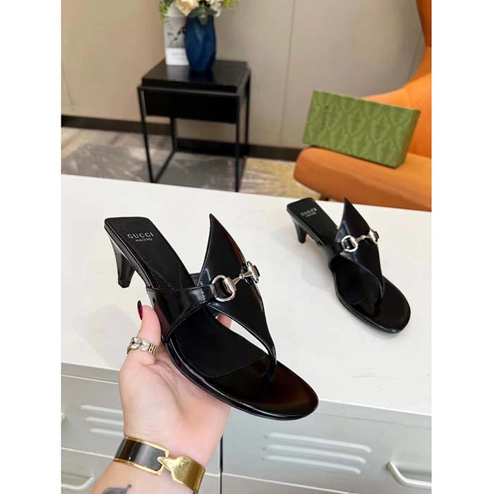 G*u*i women gg thong sandal horsebit black leather interlocking g mid-heel