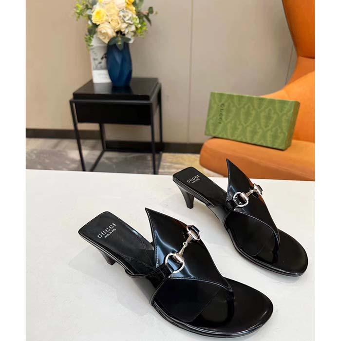 G*u*i women gg thong sandal horsebit black leather interlocking g mid-heel