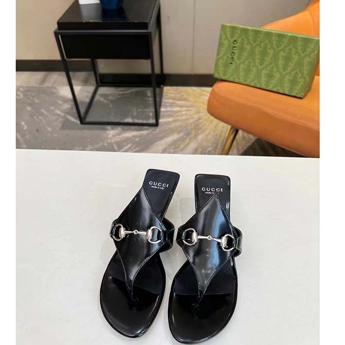 G*u*i women gg thong sandal horsebit black leather interlocking g mid-heel