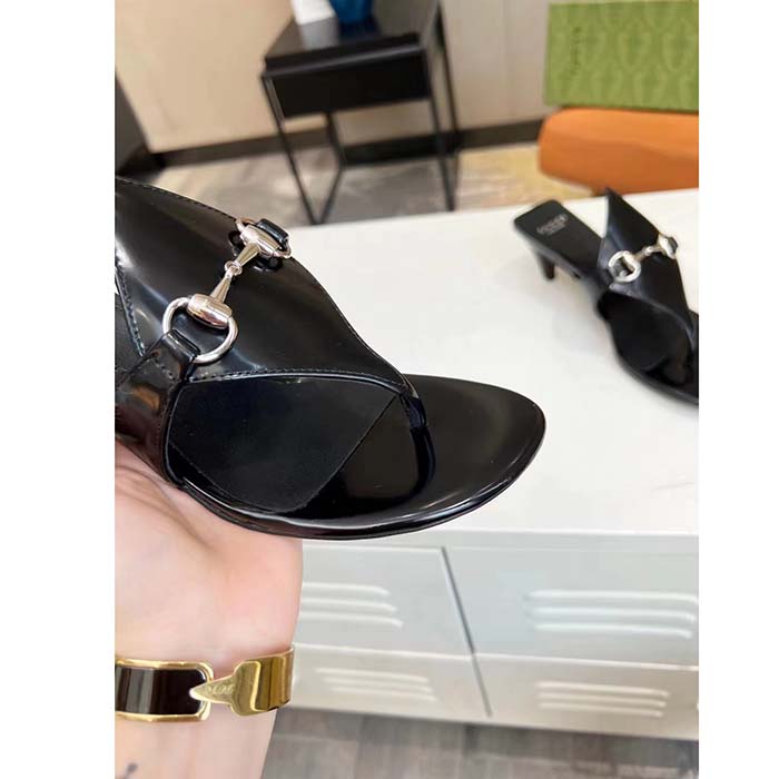 G*u*i women gg thong sandal horsebit black leather interlocking g mid-heel