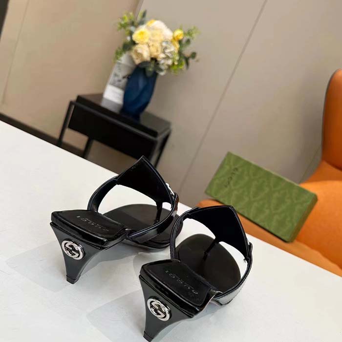 G*u*i women gg thong sandal horsebit black leather interlocking g mid-heel