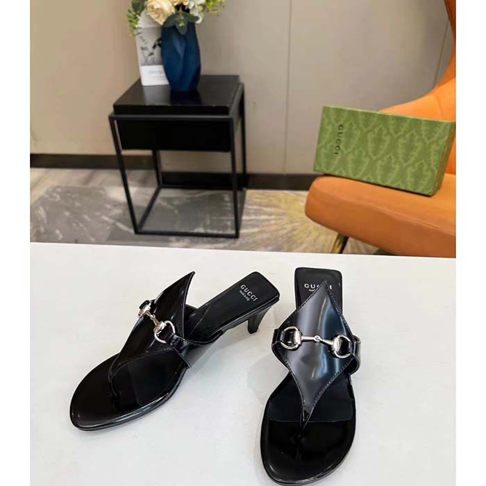 G*u*i women gg thong sandal horsebit black leather interlocking g mid-heel