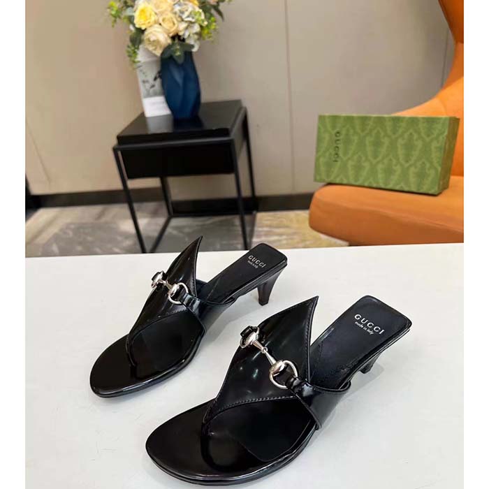 G*u*i women gg thong sandal horsebit black leather interlocking g mid-heel