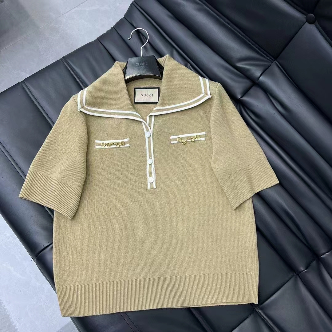 G*u*i women gg wool polo shirt horsebit camel wool sailor collar two front pockets short sleeves