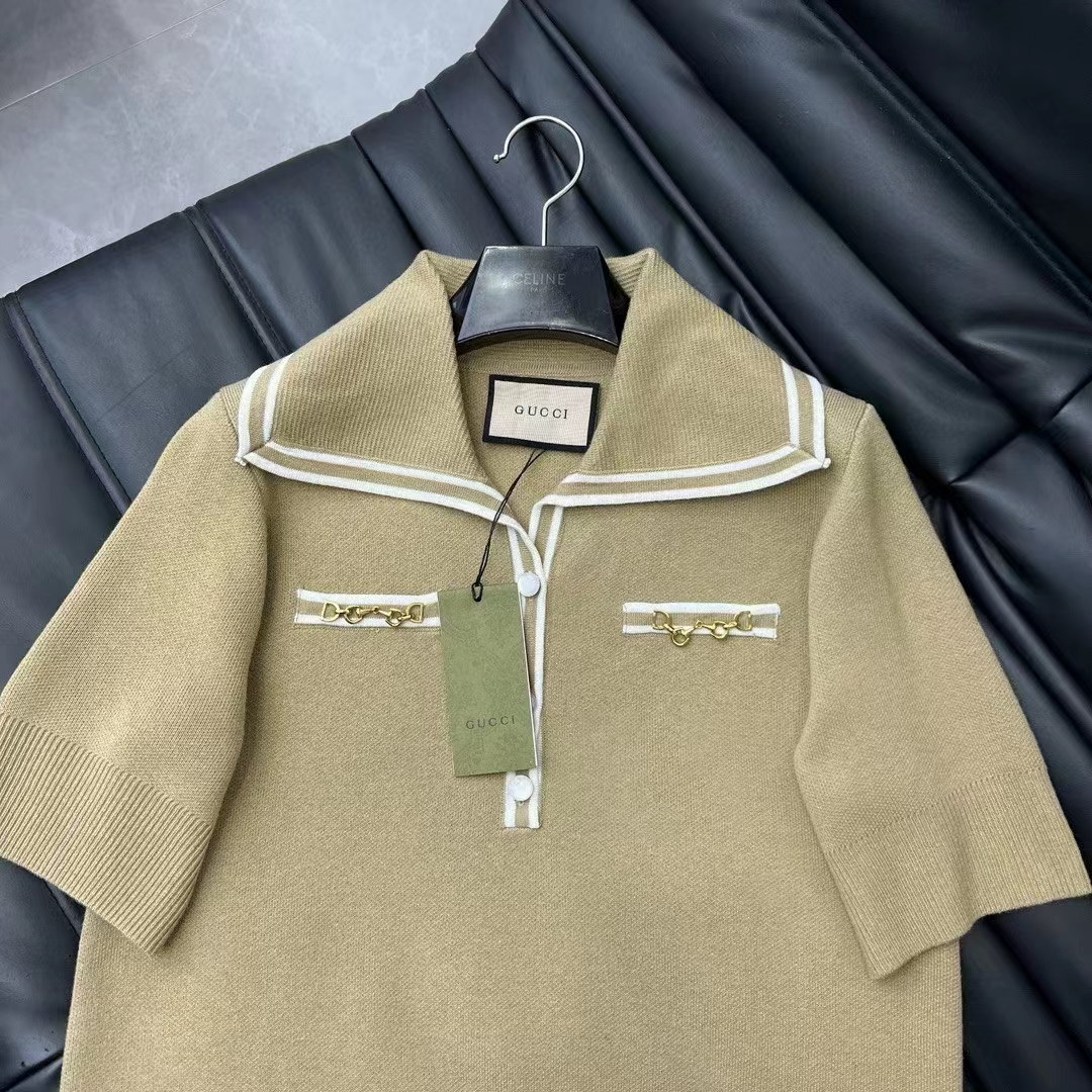 G*u*i women gg wool polo shirt horsebit camel wool sailor collar two front pockets short sleeves