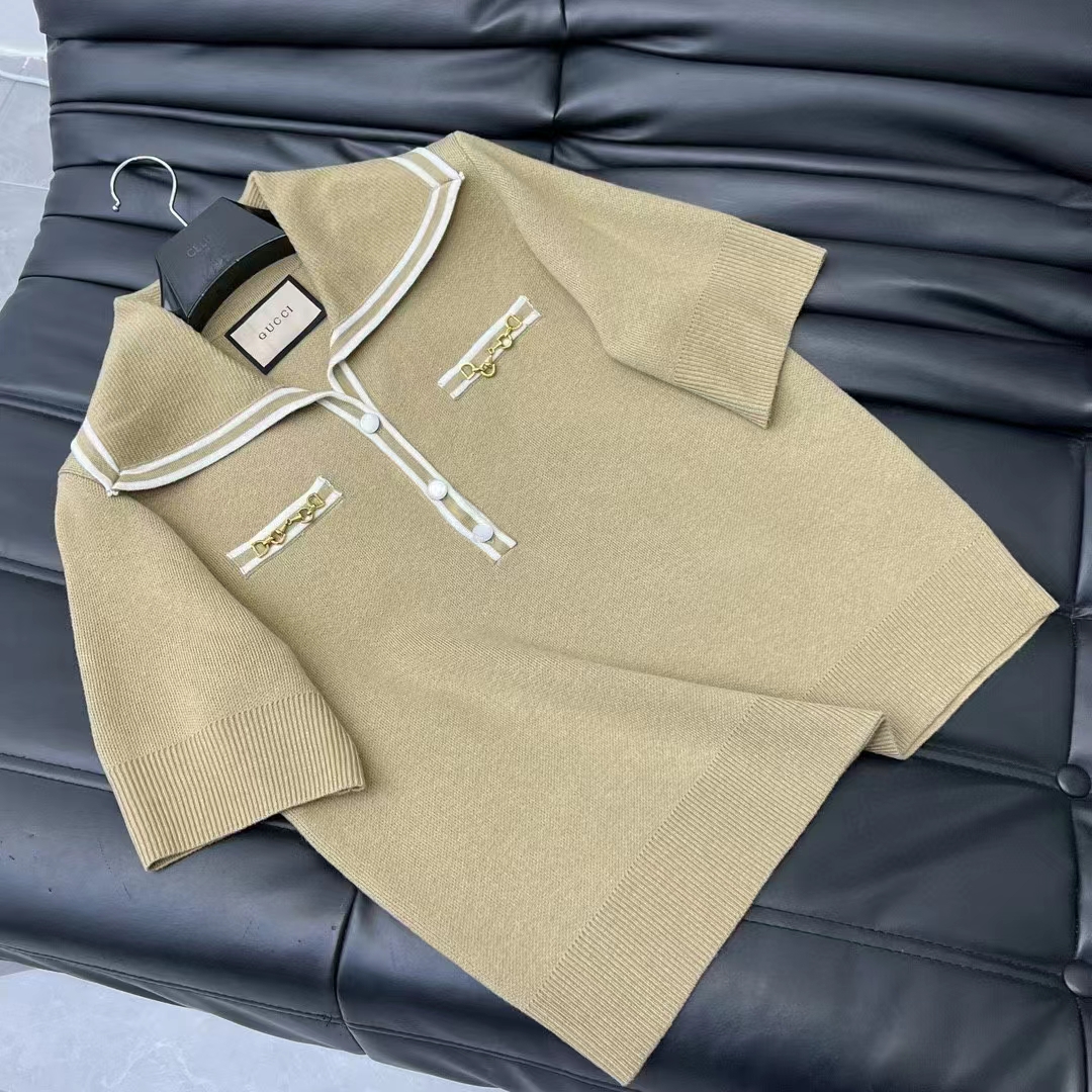 G*u*i women gg wool polo shirt horsebit camel wool sailor collar two front pockets short sleeves