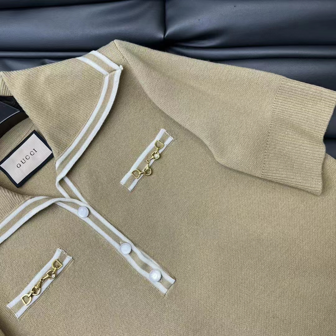 G*u*i women gg wool polo shirt horsebit camel wool sailor collar two front pockets short sleeves