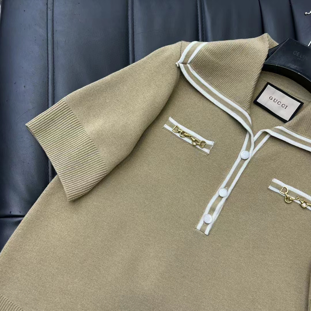 G*u*i women gg wool polo shirt horsebit camel wool sailor collar two front pockets short sleeves