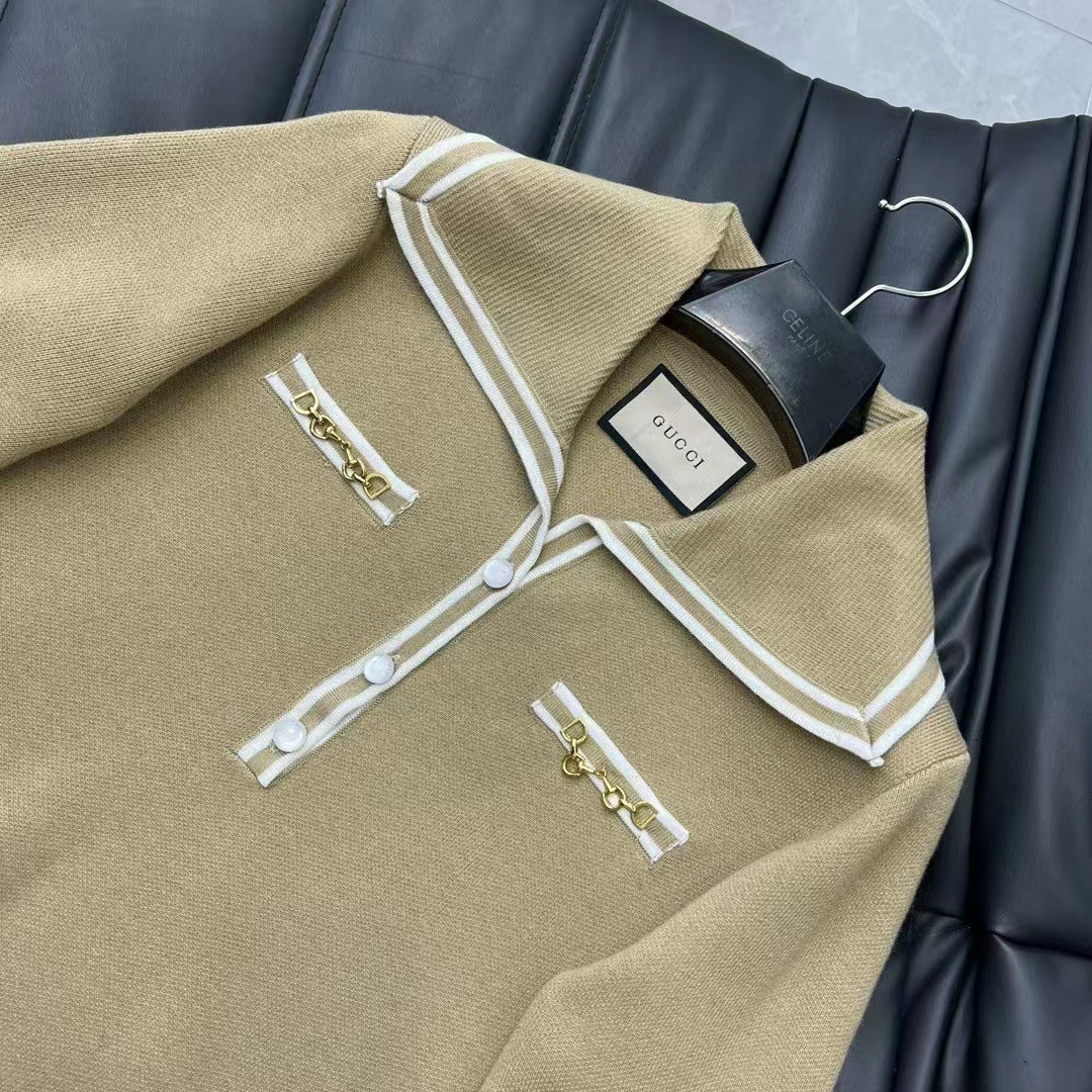 G*u*i women gg wool polo shirt horsebit camel wool sailor collar two front pockets short sleeves