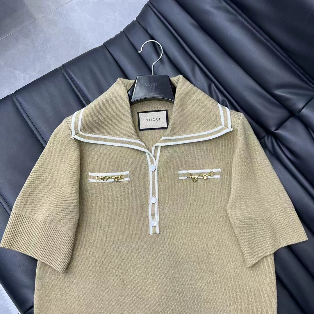 G*u*i women gg wool polo shirt horsebit camel wool sailor collar two front pockets short sleeves