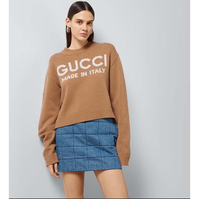 G*u*i women gg wool top G*u*i intarsia camel wool crewneck dropped shoulder long sleeves rib