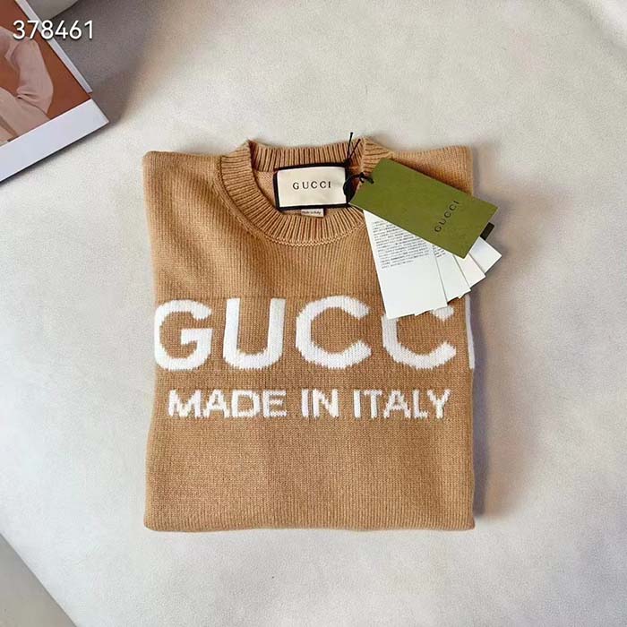 G*u*i men gg wool top G*u*i intarsia camel wool crewneck dropped shoulder long sleeves rib