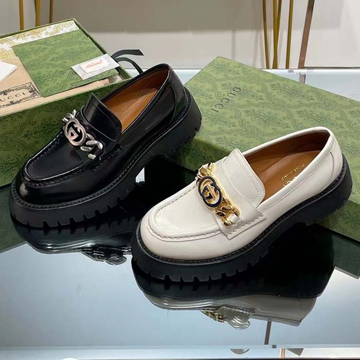 G*u*i women gg lug sole loafer white leather interlocking g chain rubber flat