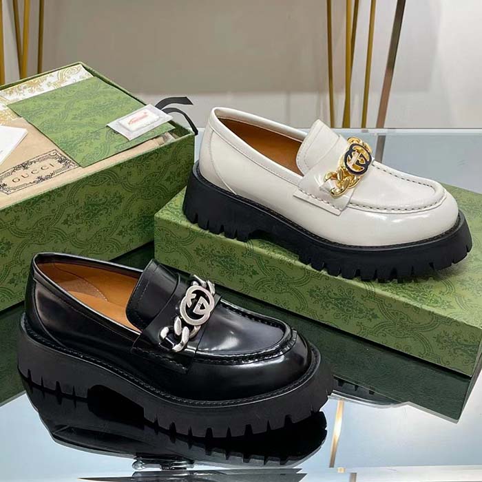 G*u*i women gg lug sole loafer white leather interlocking g chain rubber flat
