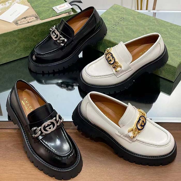 G*u*i women gg lug sole loafer white leather interlocking g chain rubber flat