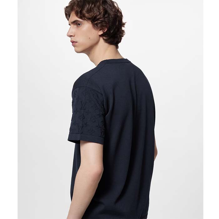 Louis Vuitton LV Men Short-Sleeved Cotton Crewneck Regular Fit Embossed Jacquard Monogram Navy Blue