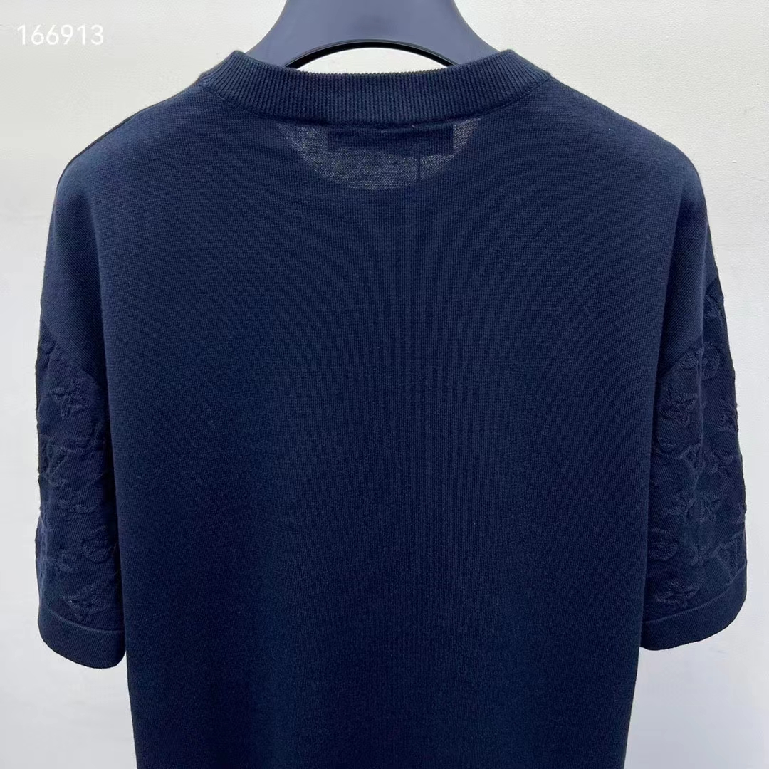 Louis Vuitton LV Men Short-Sleeved Cotton Crewneck Regular Fit Embossed Jacquard Monogram Navy Blue