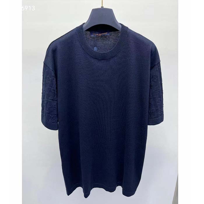Louis Vuitton LV Men Short-Sleeved Cotton Crewneck Regular Fit Embossed Jacquard Monogram Navy Blue
