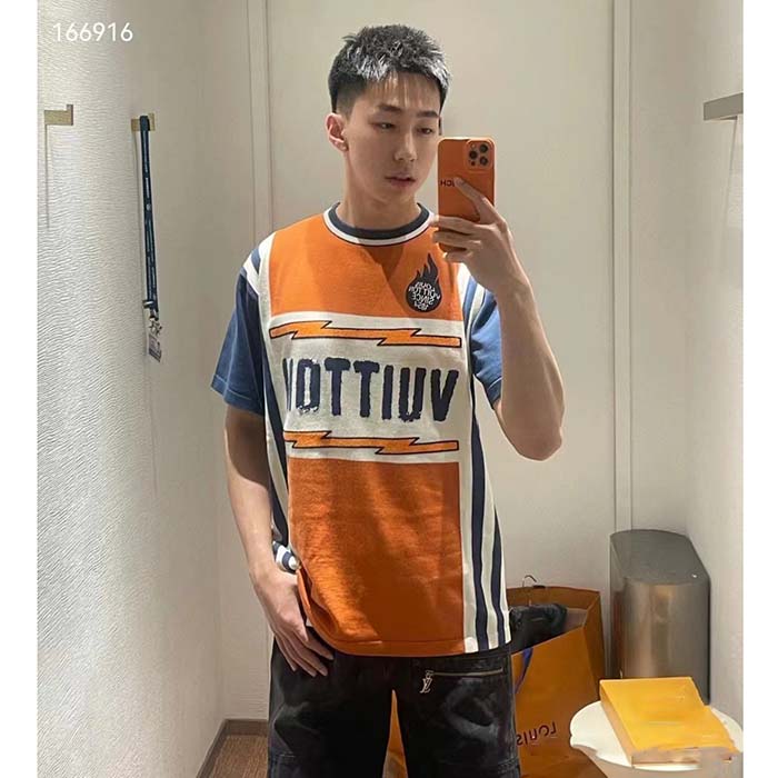 Louis Vuitton LV Men Short-Sleeved Cotton T-Shirt Orange Regular Fit Vuitton Jacquard Signature