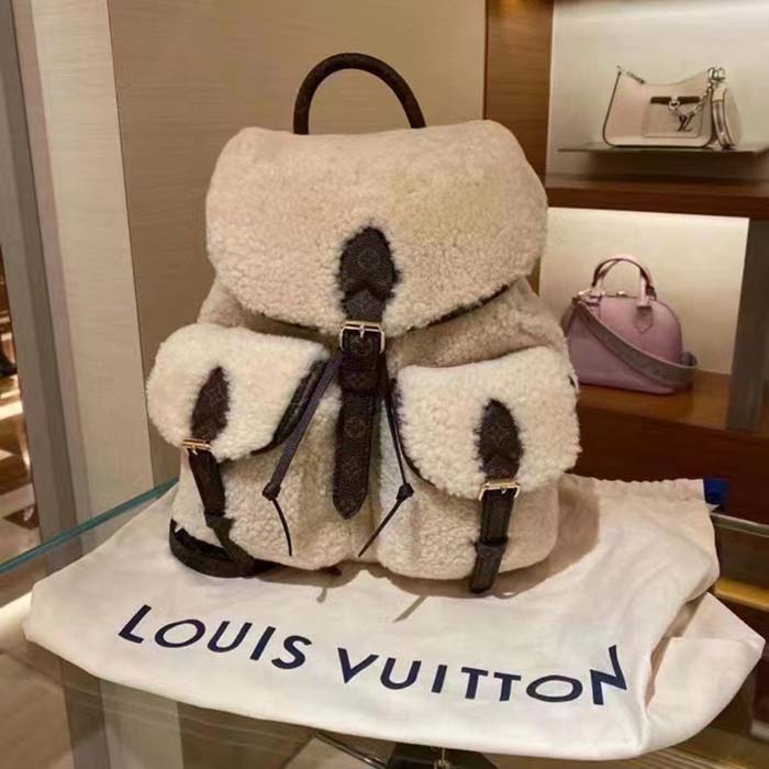 Louis Vuitton LV Unisex Backpack Cream Brown Shearling Monogram-Canvas Textile Lining