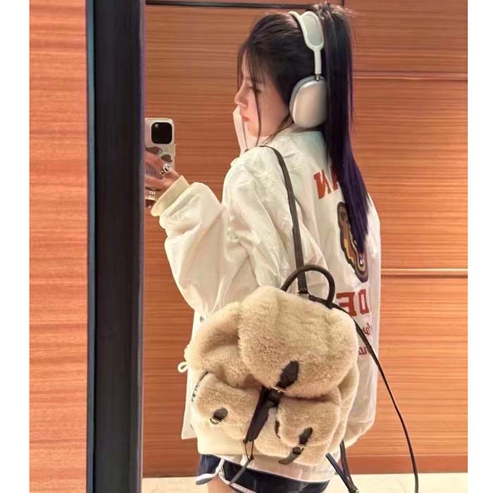 Louis Vuitton LV Unisex Backpack Cream Brown Shearling Monogram-Canvas Textile Lining