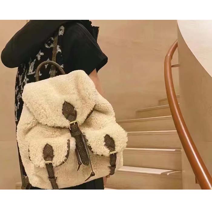 Louis Vuitton LV Unisex Backpack Cream Brown Shearling Monogram-Canvas Textile Lining