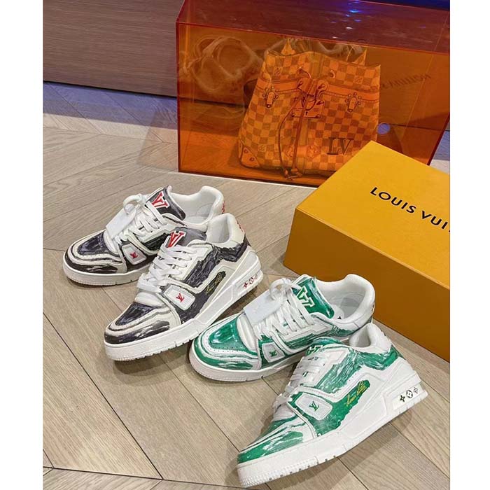 Louis Vuitton LV Unisex Trainer Sneaker Green Printed Calf Leather Rubber Outsole Monogram Flowers