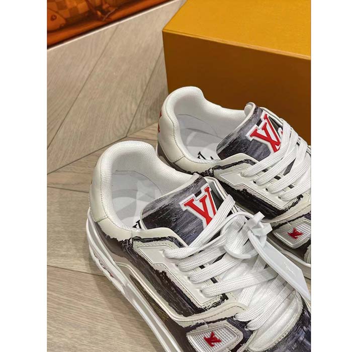 Louis Vuitton LV Unisex Trainer Sneaker Black Printed Calf Leather Rubber Outsole Monogram Flowers