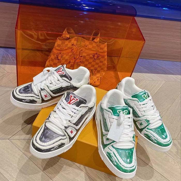 Louis Vuitton LV Unisex Trainer Sneaker Green Printed Calf Leather Rubber Outsole Monogram Flowers