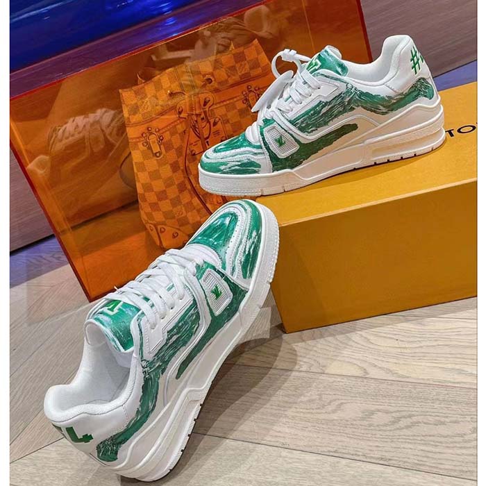 Louis Vuitton Unisex LV Trainer Sneaker Green Damier Grained Calf Leather Rubber Monogram Flowers